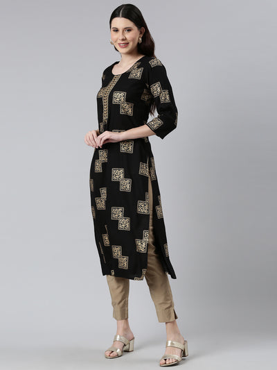 Neeru's Women Black Gold-Toned Cotton Printed Kurta