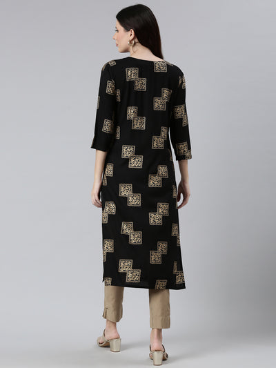 Neeru's Women Black Gold-Toned Cotton Printed Kurta