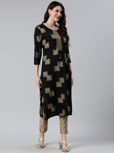 Neeru's Women Black Gold-Toned Cotton Printed Kurta