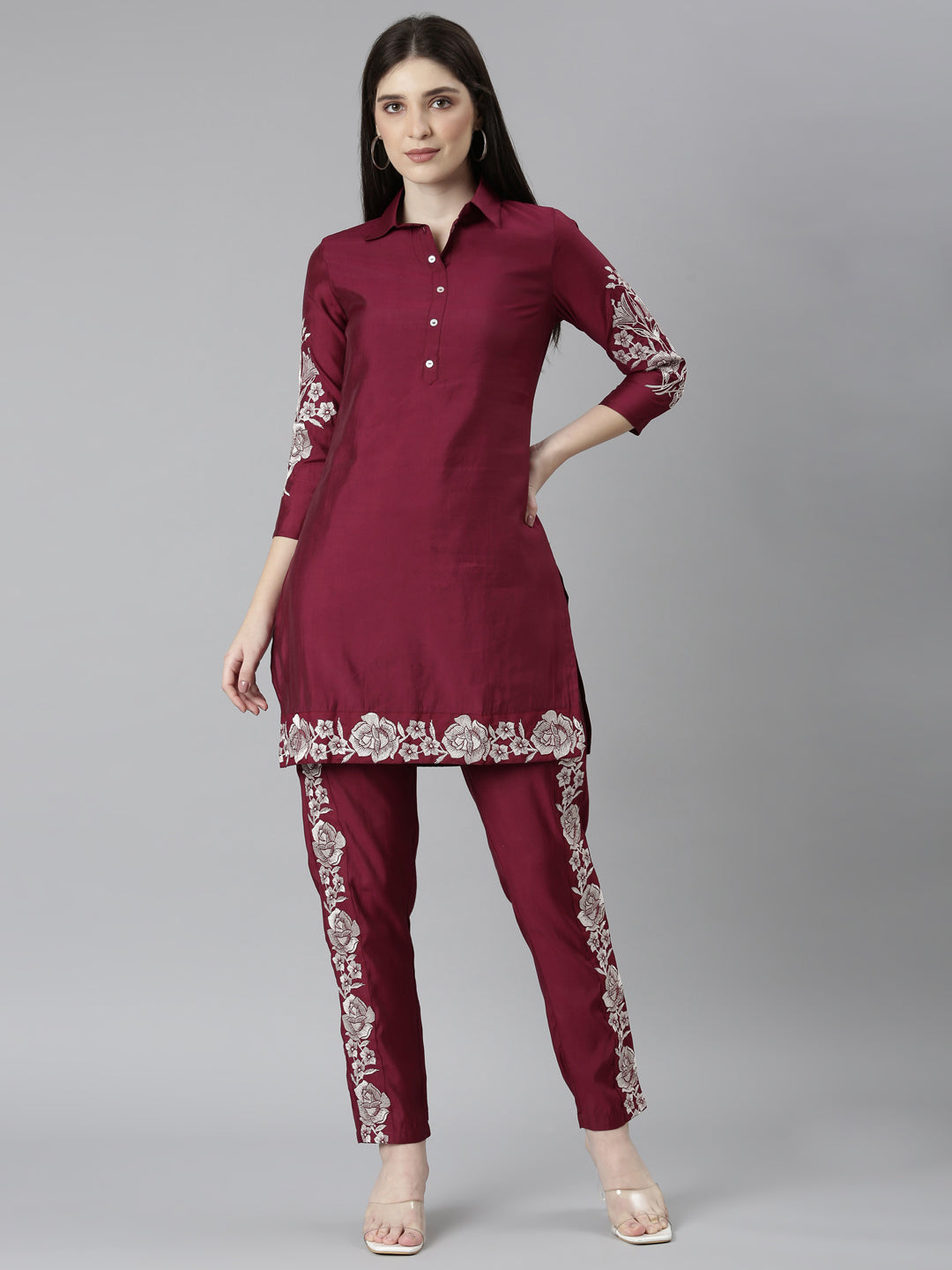 Neeru's Maroon Regular Straight Floral Top And Trousers