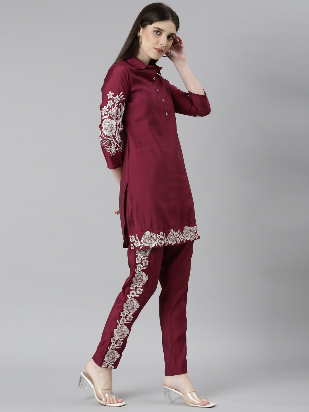 Neeru's Maroon Regular Straight Floral Top And Trousers