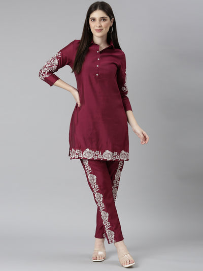 Neeru's Maroon Regular Straight Floral Top And Trousers