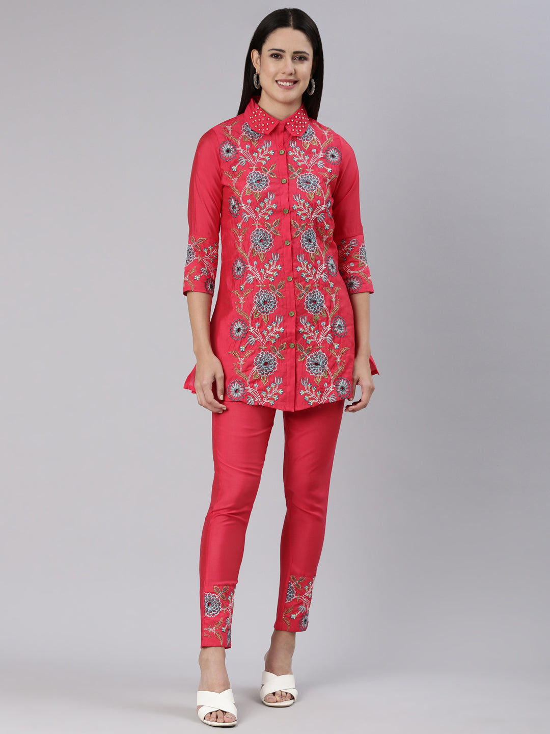 Neeru's Pink Regular Straight Embroidered Co-Ords set