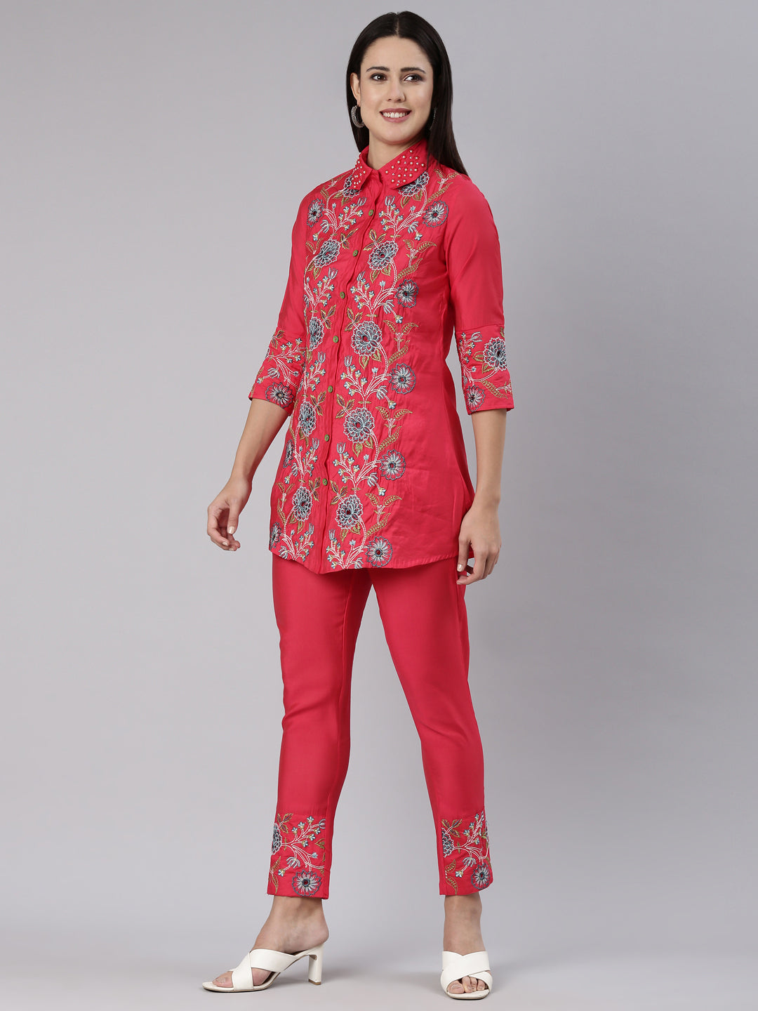 Neeru's Pink Regular Straight Embroidered Co-Ords set