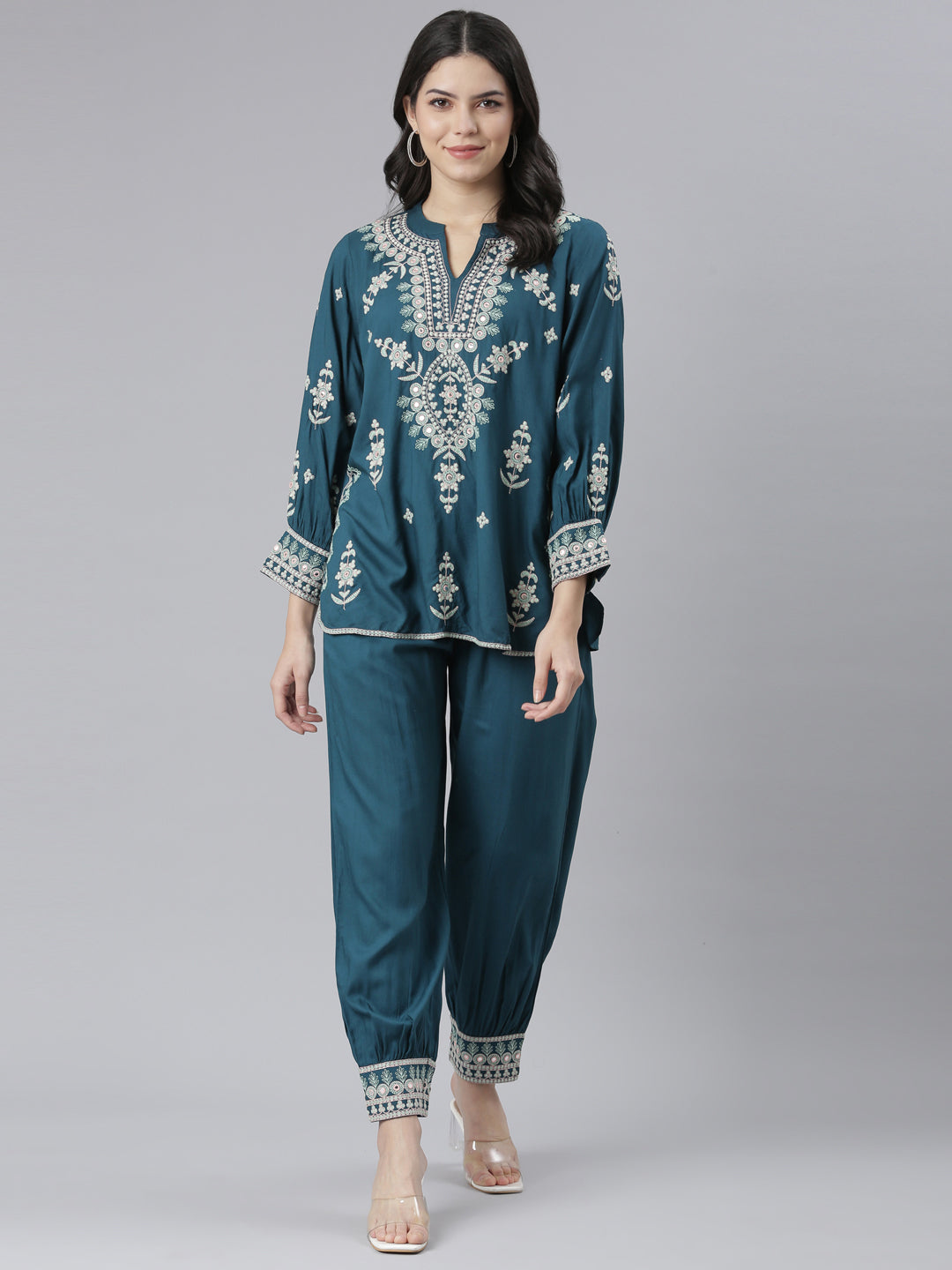 Neerus Green Regular Straight Floral Kurta And Salwar