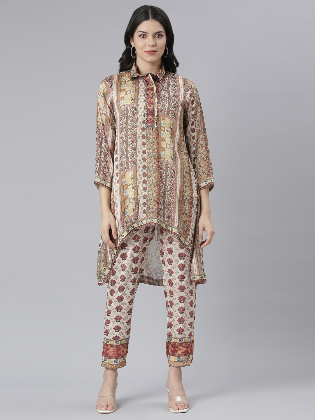 Neeru's Beige Regular Straight Floral Kurta And Trousers With Jacket