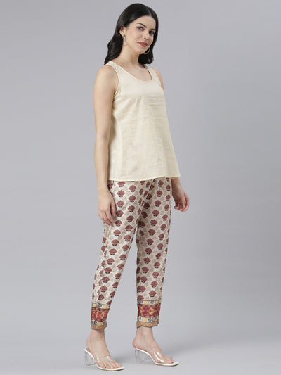 Neeru's Beige Regular Straight Floral Kurta And Trousers With Jacket