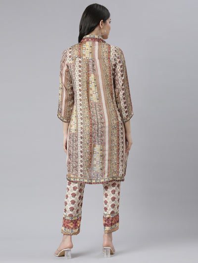 Neeru's Beige Regular Straight Floral Kurta And Trousers With Jacket