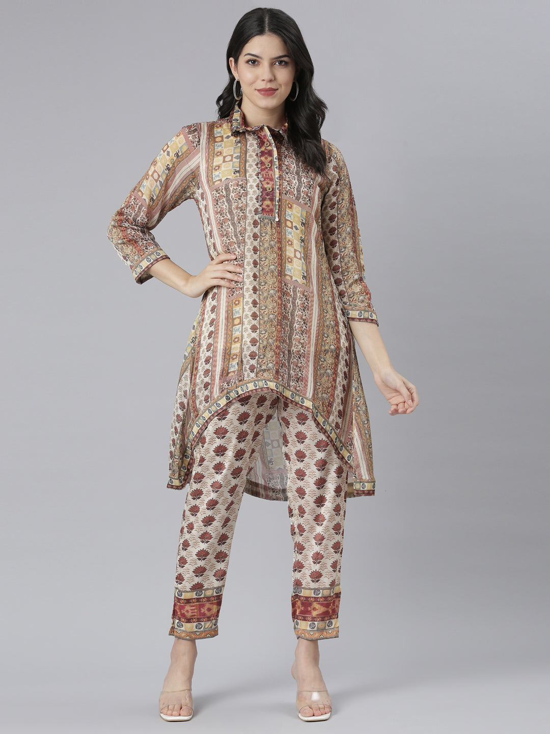 Neeru's Beige Regular Straight Floral Kurta And Trousers With Jacket