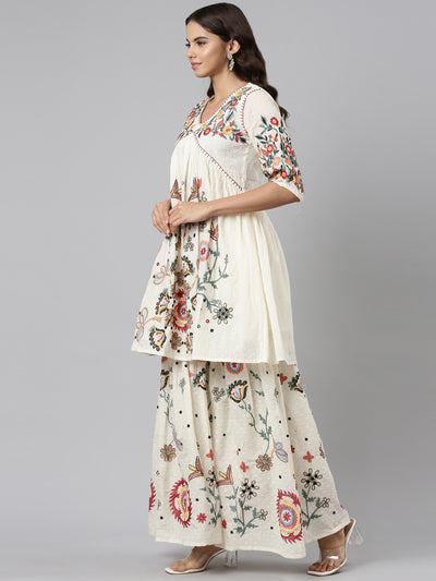 Neeru's Cream Regular Straight Embroidered Kurta And Sharara With Dupatta