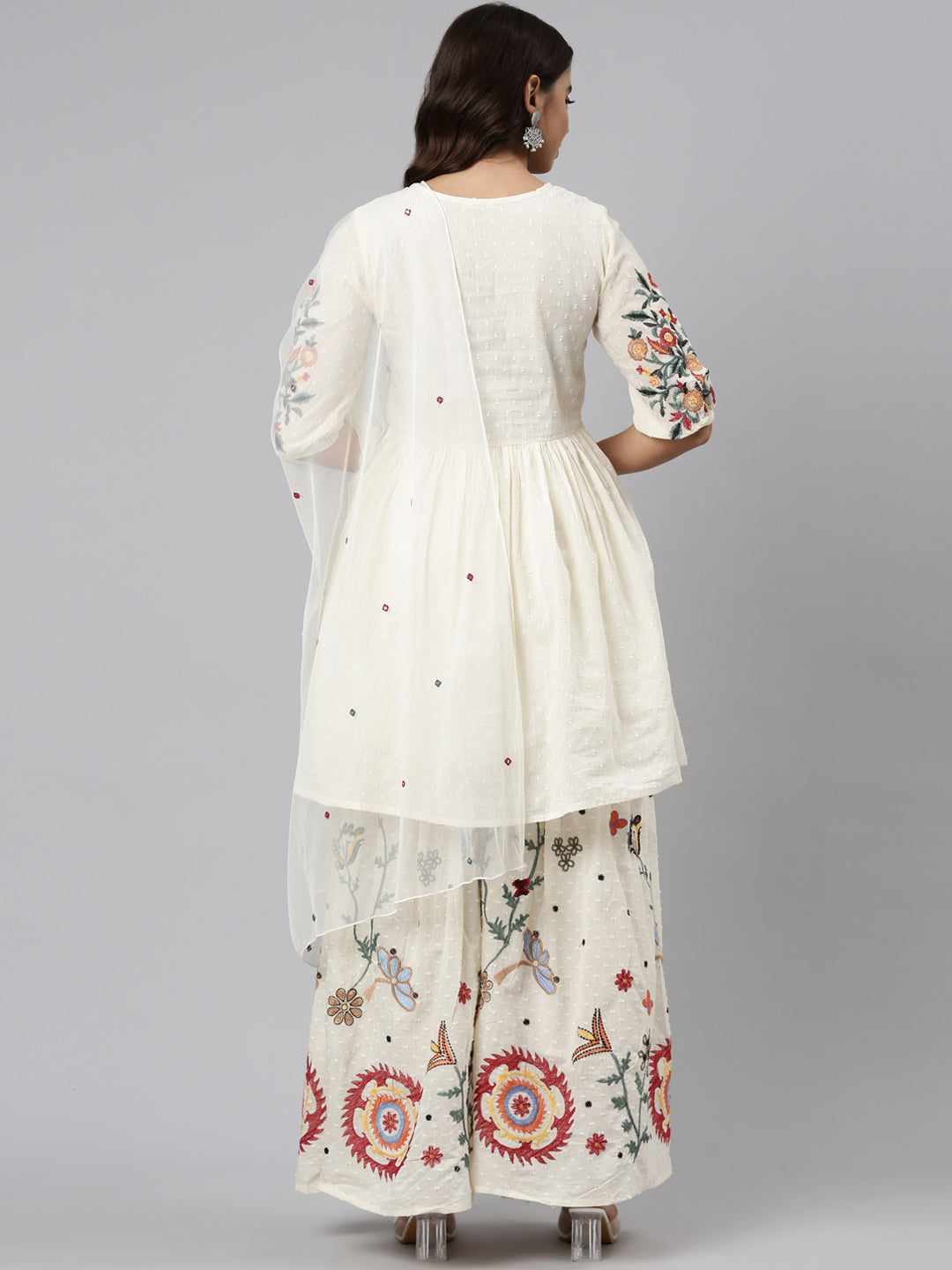 Neeru's Cream Regular Straight Embroidered Kurta And Sharara With Dupatta