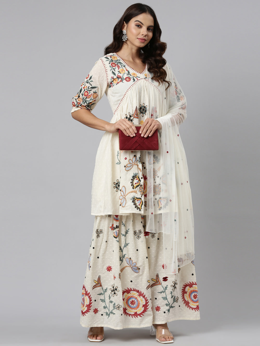 Neeru's Cream Regular Straight Embroidered Kurta And Sharara With Dupatta