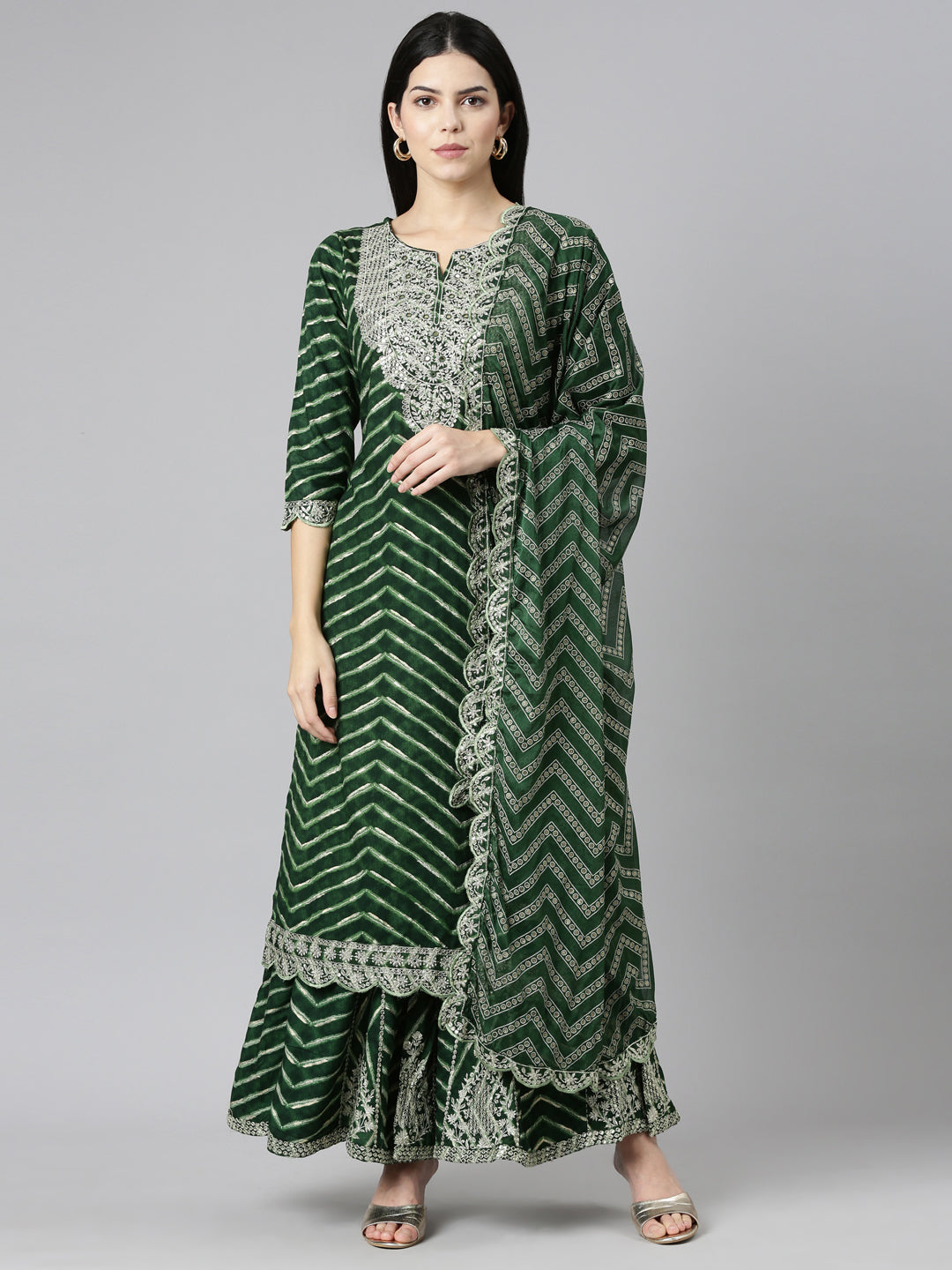 Neeru's Green Regular Straight Printed Kurta And Sharara With Dupatta