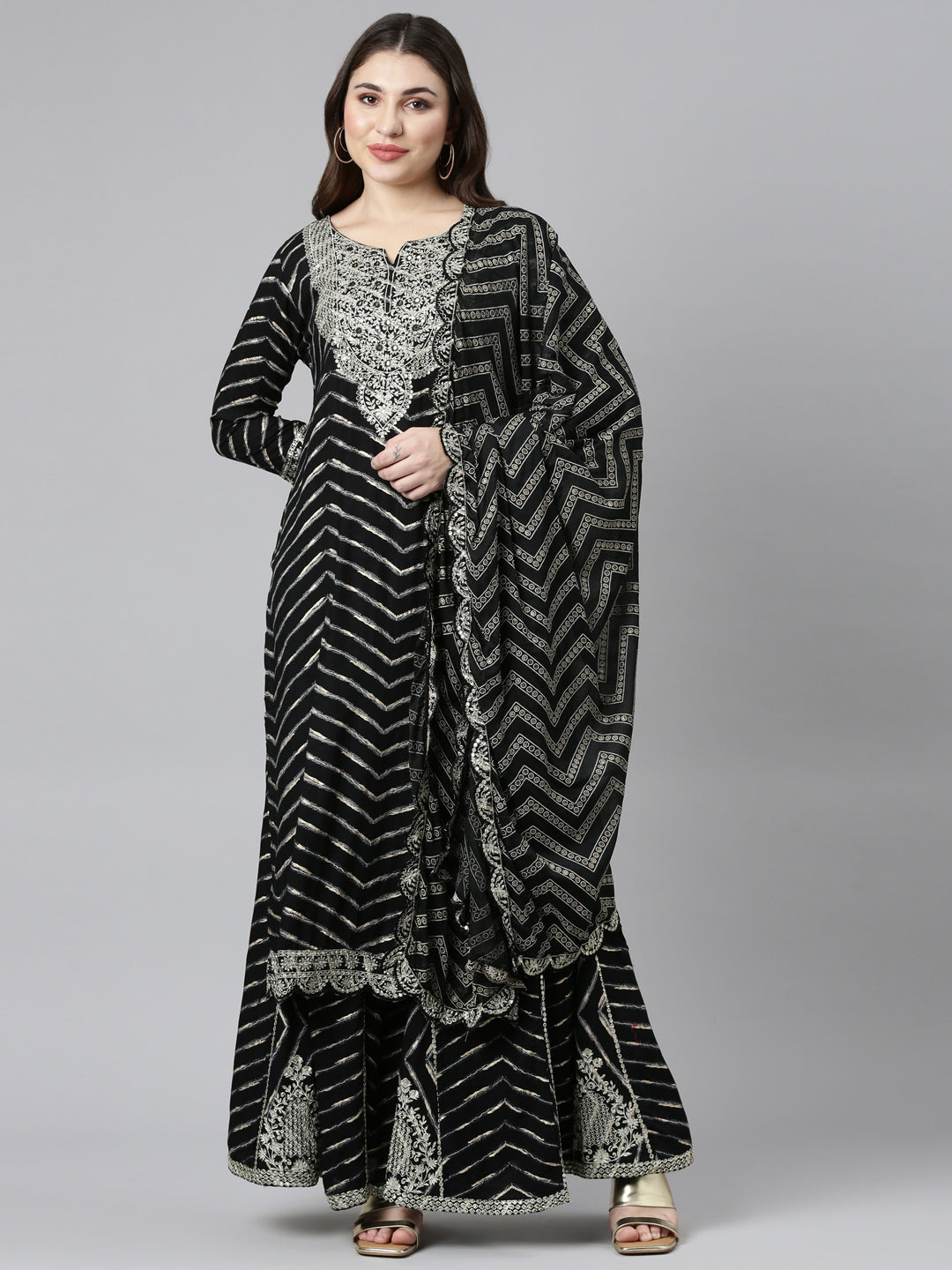 Neeru's Black Regular Straight Printed Kurta And Sharara With Dupatta