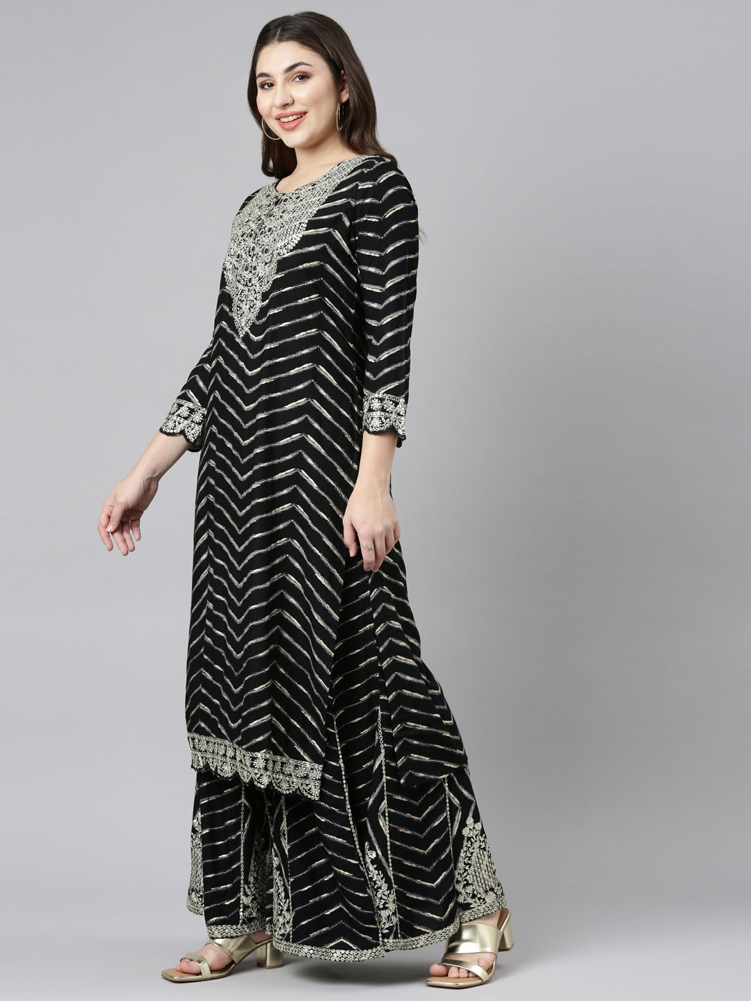 Neeru's Black Regular Straight Printed Kurta And Sharara With Dupatta