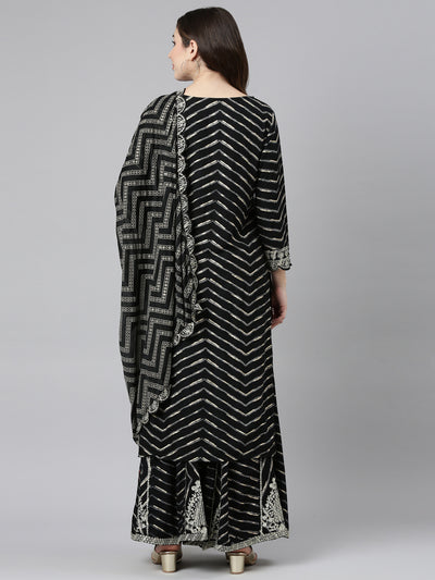 Neeru's Black Regular Straight Printed Kurta And Sharara With Dupatta