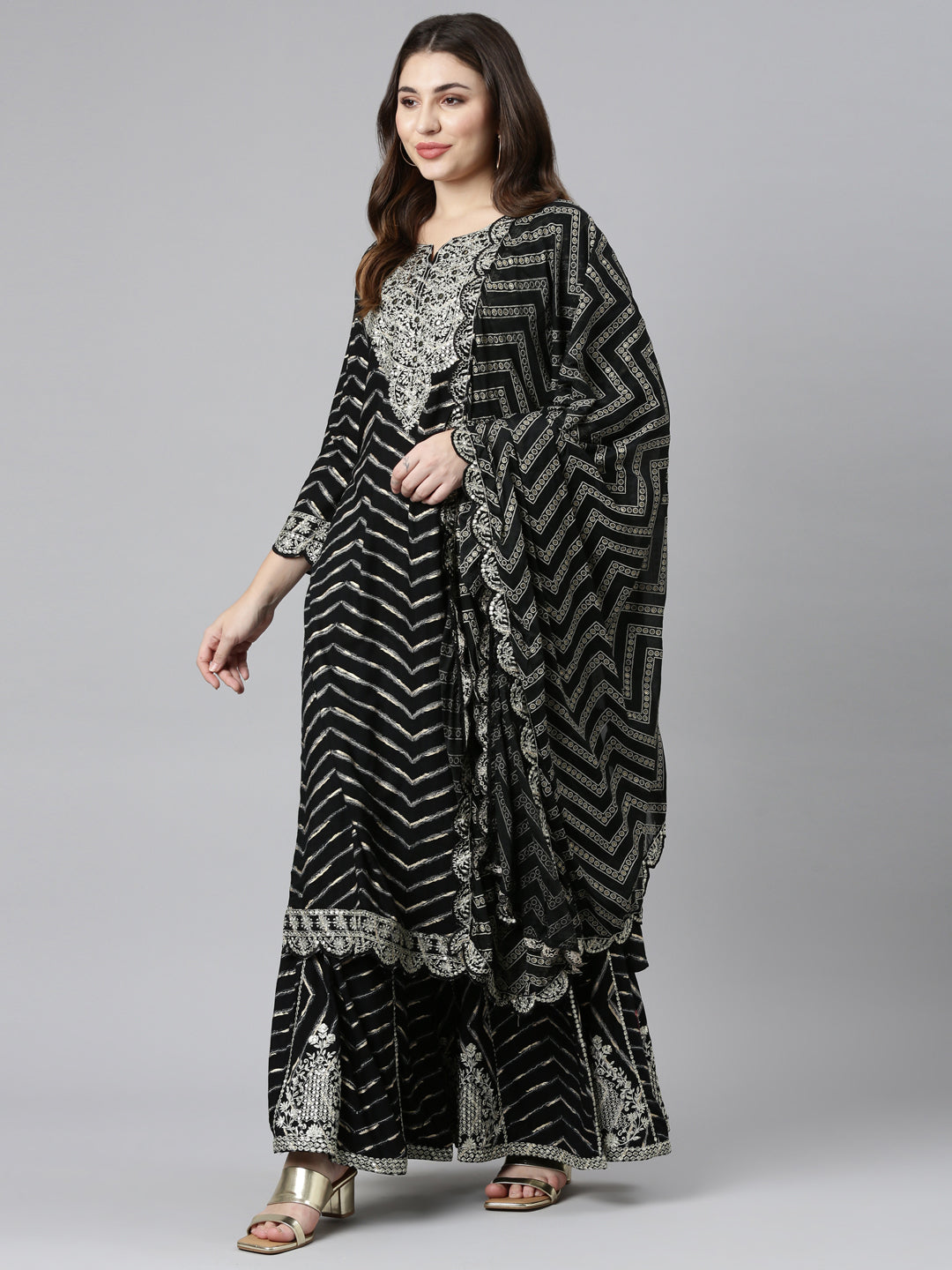 Neeru's Black Regular Straight Printed Kurta And Sharara With Dupatta