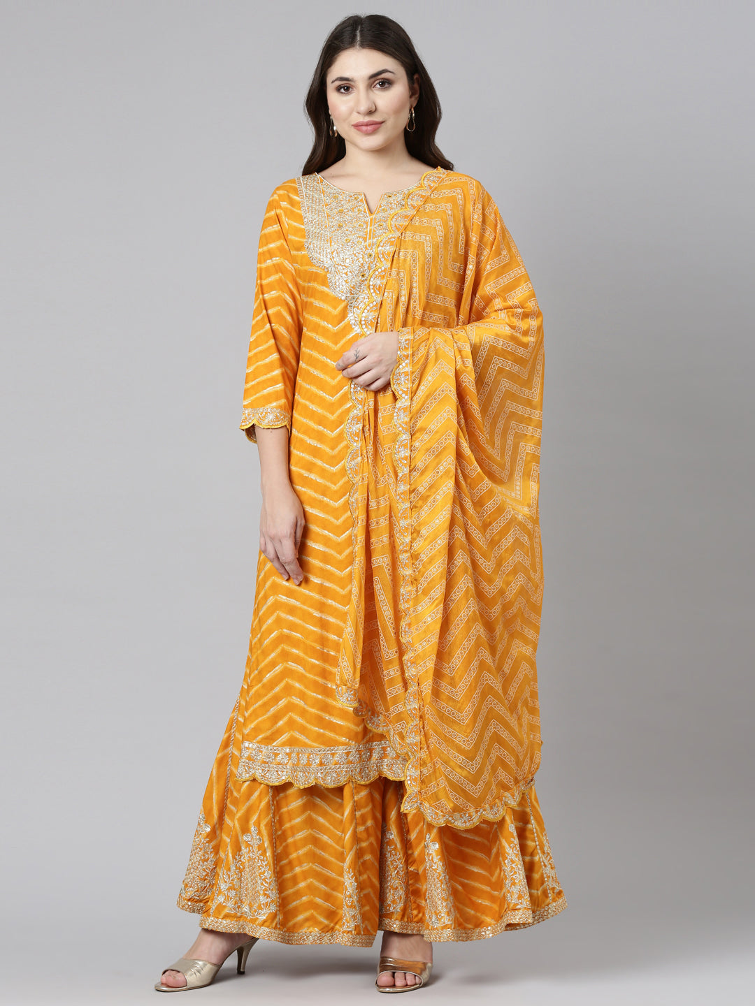 Neeru's Yellow Regular Straight Printed Kurta And Sharara With Dupatta