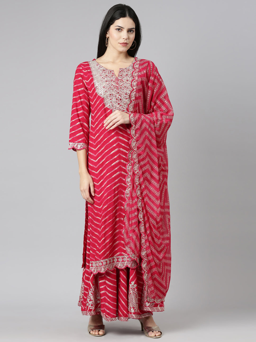 Neeru's Pink Regular Straight Printed Kurta And Sharara With Dupatta