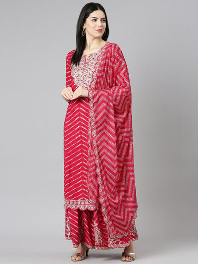 Neeru's Pink Regular Straight Printed Kurta And Sharara With Dupatta