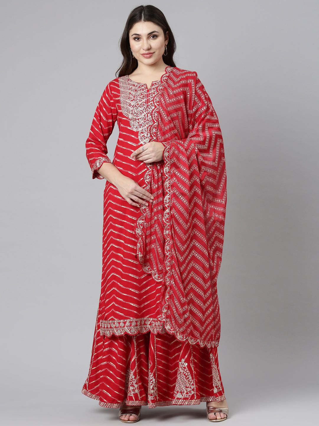 Neeru's Red Regular Straight Printed Kurta And Sharara With Dupatta