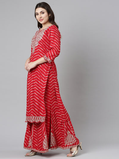 Neeru's Red Regular Straight Printed Kurta And Sharara With Dupatta