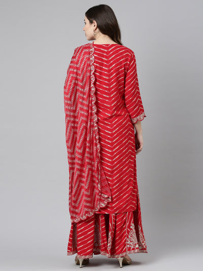 Neeru's Red Regular Straight Printed Kurta And Sharara With Dupatta