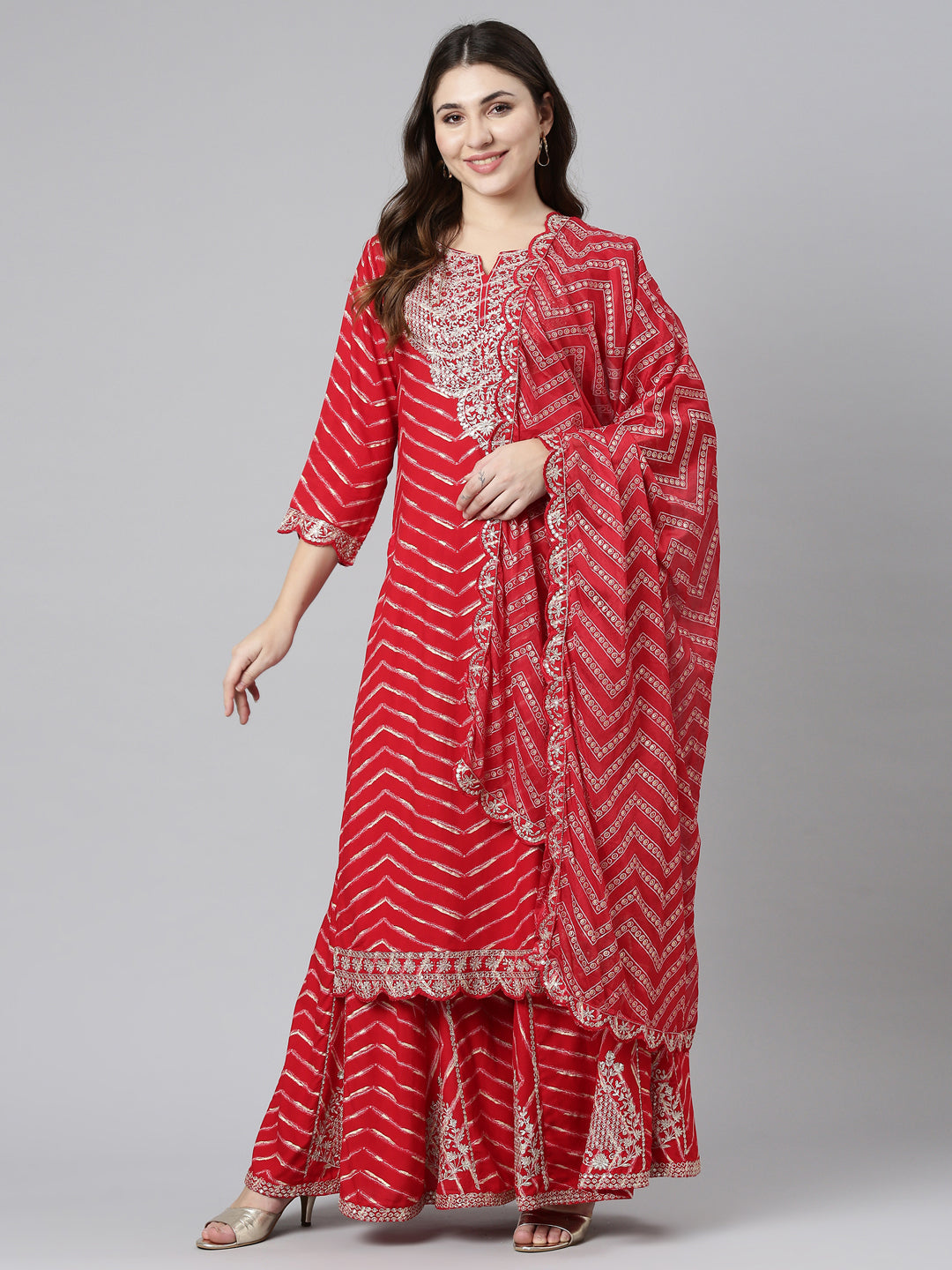 Neeru's Red Regular Straight Printed Kurta And Sharara With Dupatta