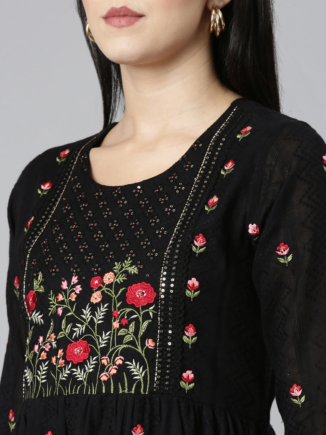 Neeru's Black Regular Straight Embroidered Kurta and Trouser with Dupatta