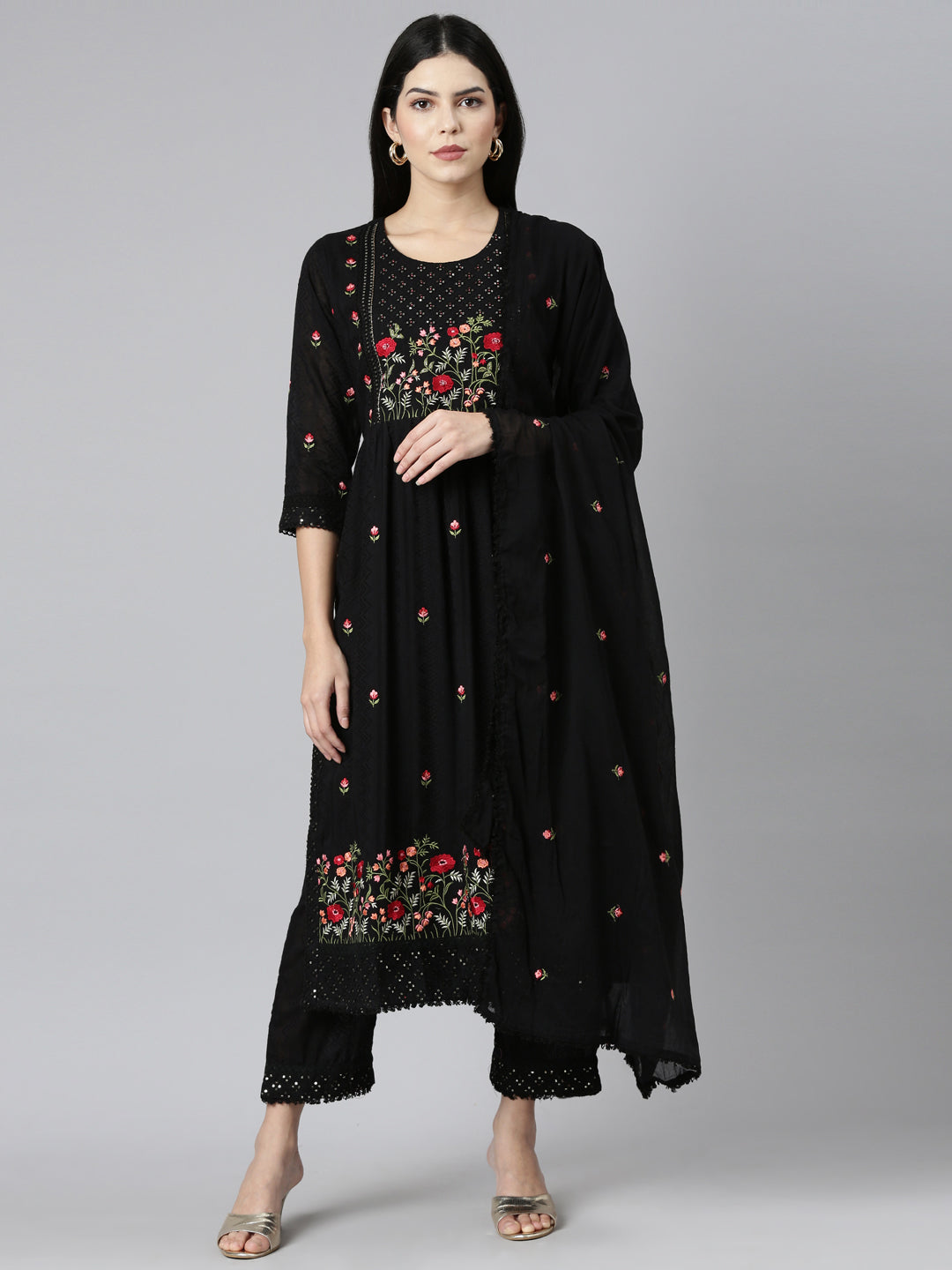 Neeru's Black Regular Straight Embroidered Kurta and Trouser with Dupatta