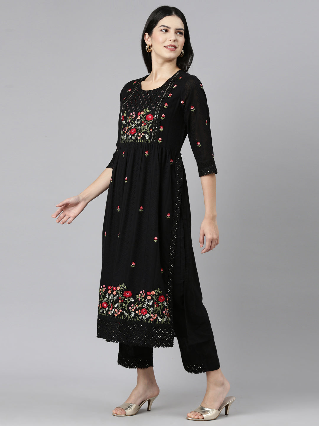 Neeru's Black Regular Straight Embroidered Kurta and Trouser with Dupatta