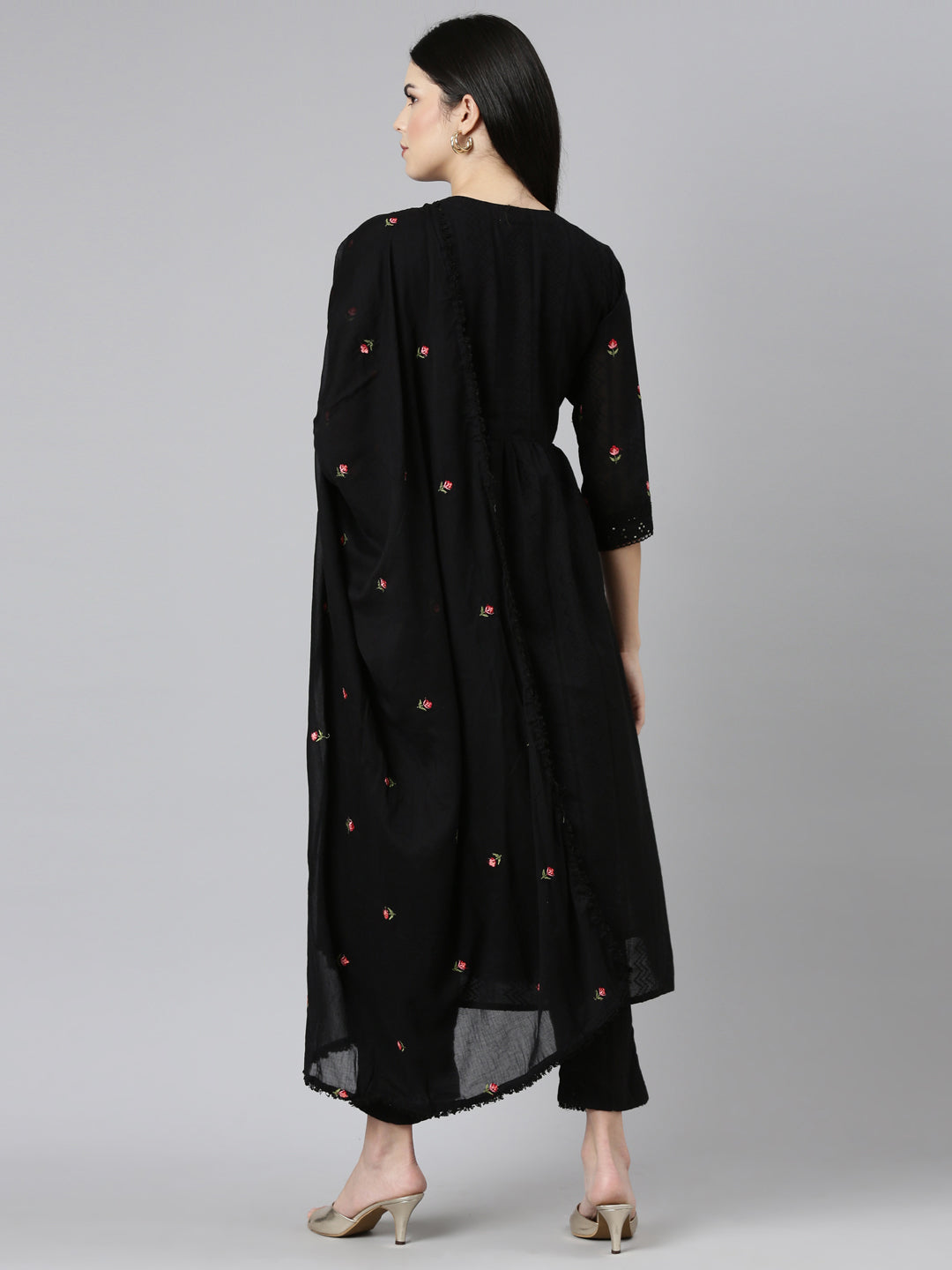 Neeru's Black Regular Straight Embroidered Kurta and Trouser with Dupatta