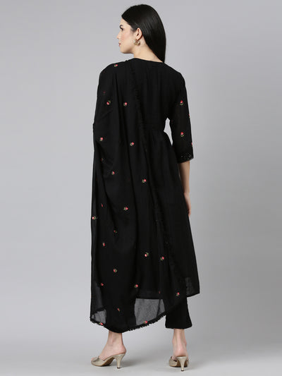 Neeru's Black Regular Straight Embroidered Kurta and Trouser with Dupatta