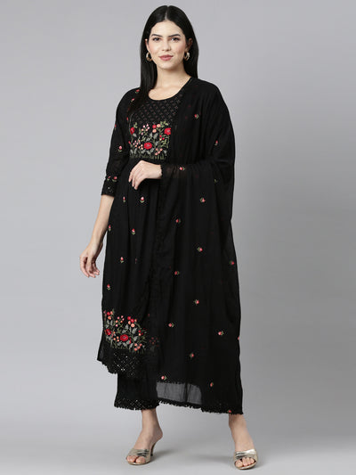 Neeru's Black Regular Straight Embroidered Kurta and Trouser with Dupatta