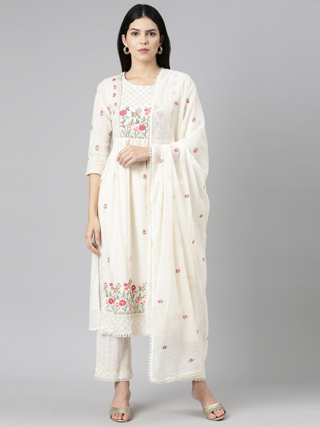 Neeru's Cream Regular Straight Embroidered Readymade suits