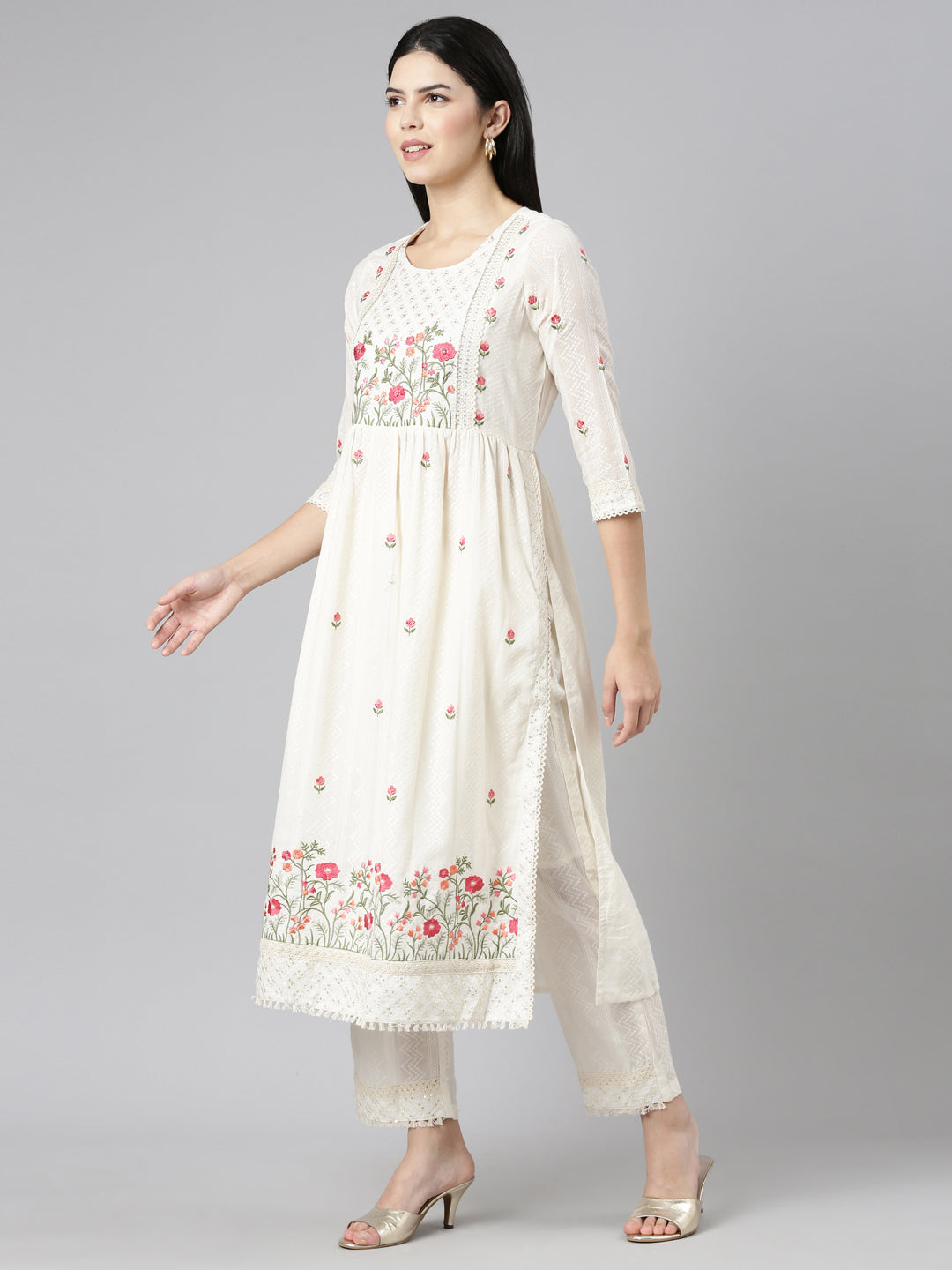 Neeru's Cream Regular Straight Embroidered Readymade suits