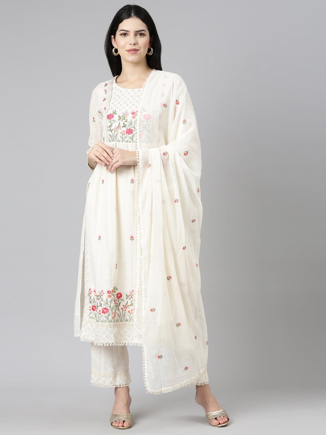 Neeru's Cream Regular Straight Embroidered Readymade suits