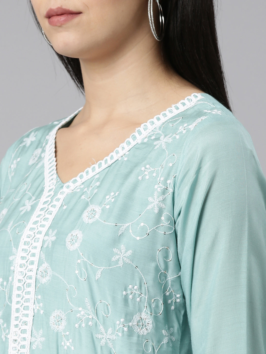 Neeru's Blue Regular Straight Embroidered Kurta And Trousers With Dupatta