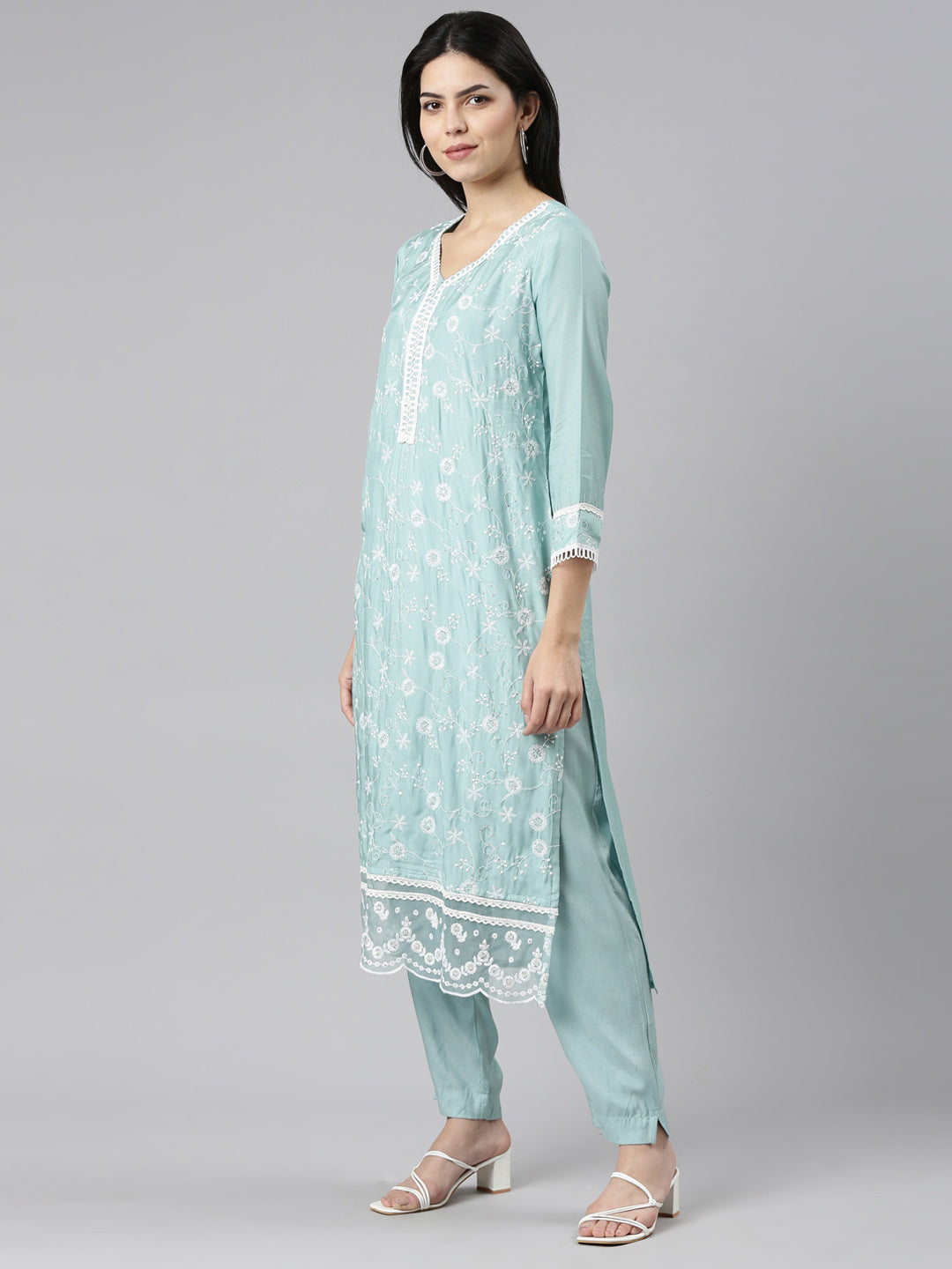 Neeru's Blue Regular Straight Embroidered Kurta And Trousers With Dupatta