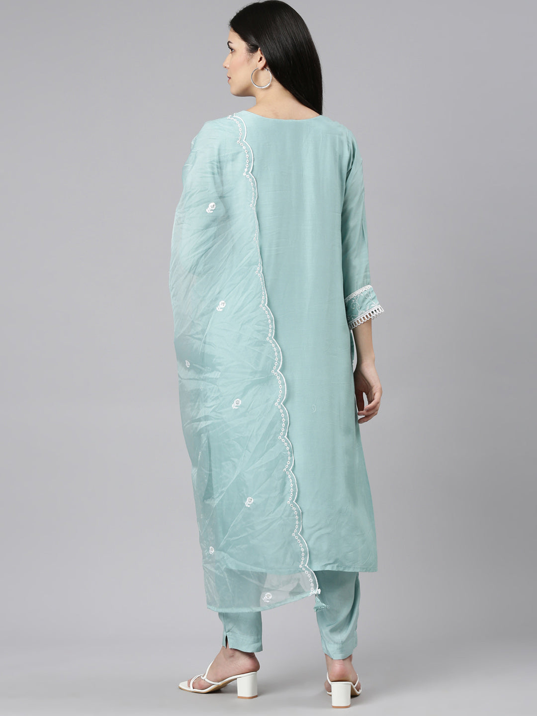 Neeru's Blue Regular Straight Embroidered Kurta And Trousers With Dupatta