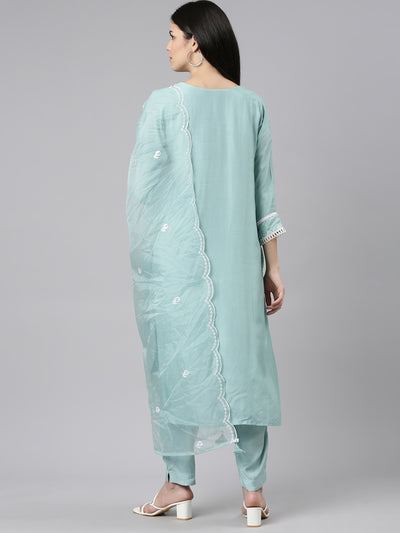 Neeru's Blue Regular Straight Embroidered Kurta And Trousers With Dupatta