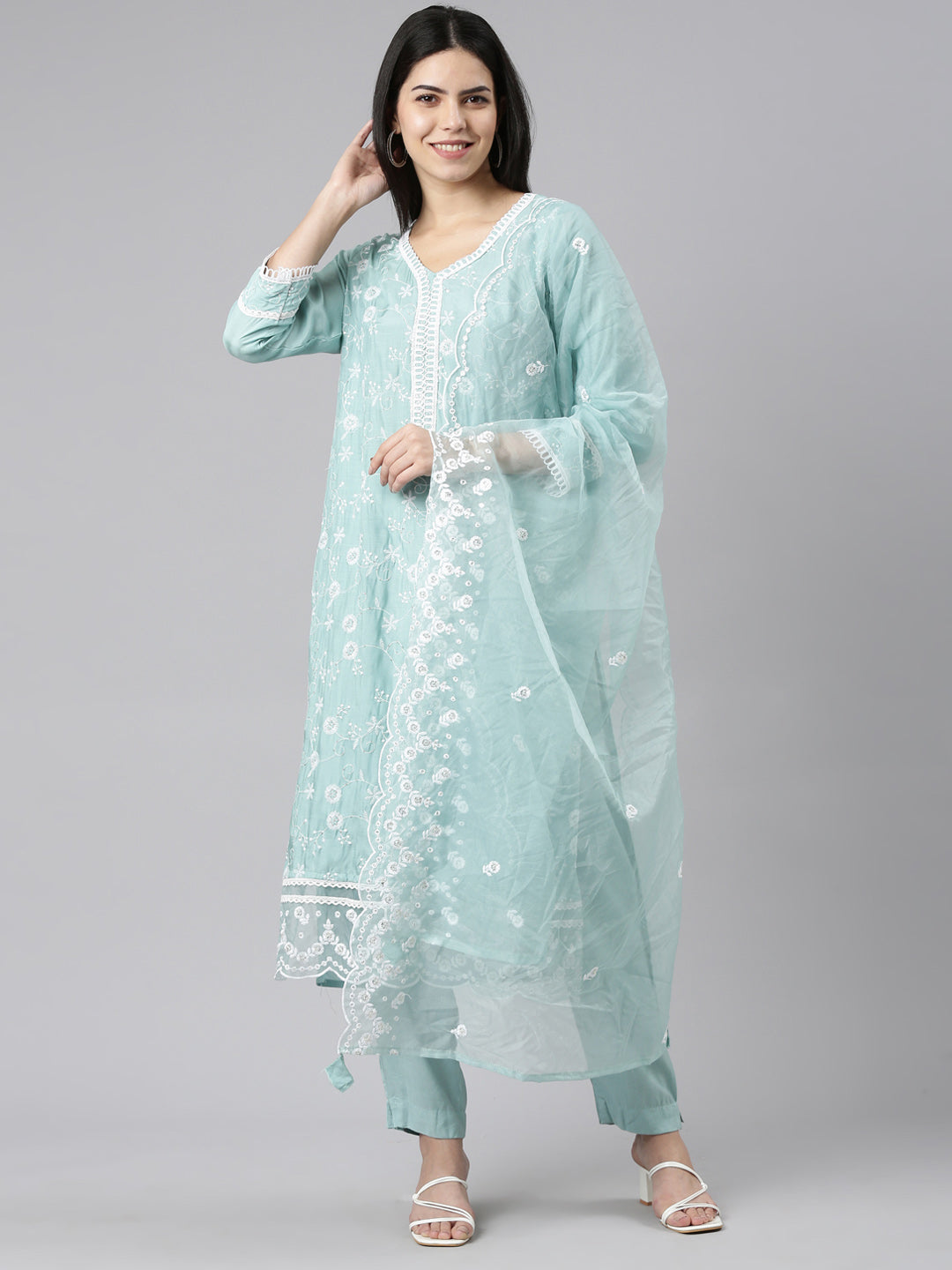 Neeru's Blue Regular Straight Embroidered Kurta And Trousers With Dupatta