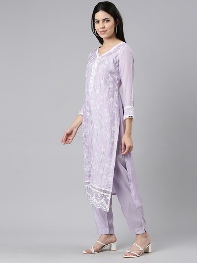 Neeru's Lavender Regular Straight Embroidered Kurta And Trousers With Dupatta