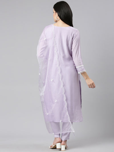 Neeru's Lavender Regular Straight Embroidered Kurta And Trousers With Dupatta