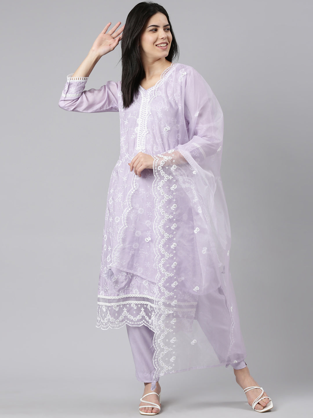 Neeru's Lavender Regular Straight Embroidered Kurta And Trousers With Dupatta