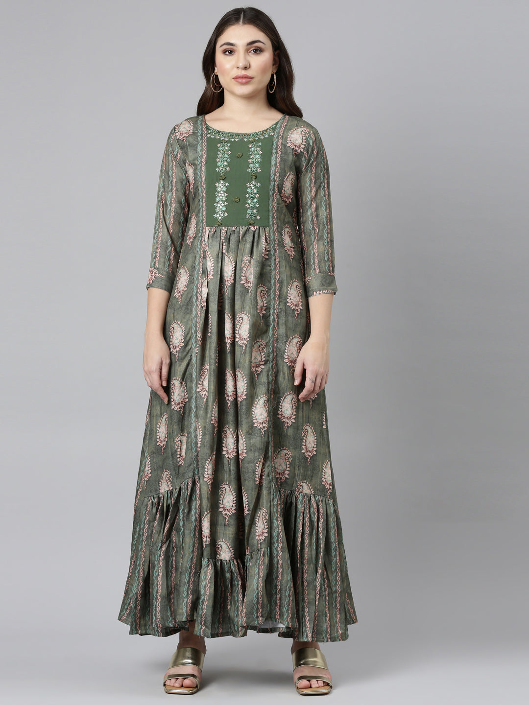 Neeru's Green Flared Casual Printed Dress