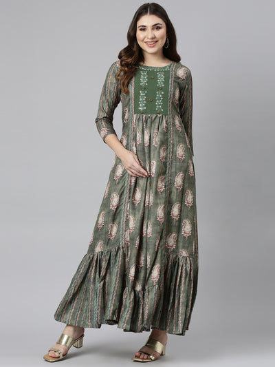 Neeru's Green Flared Casual Printed Dress