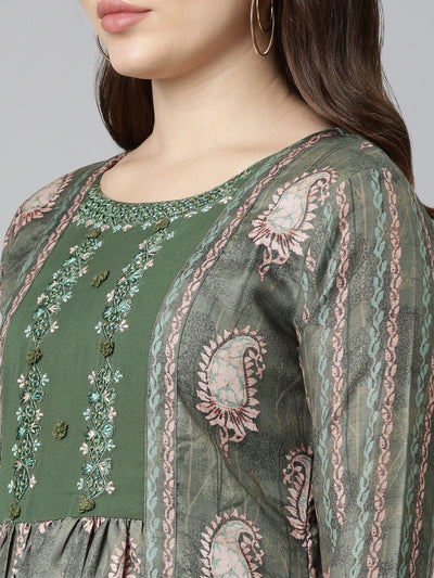 Neeru's Green Flared Casual Printed Dress