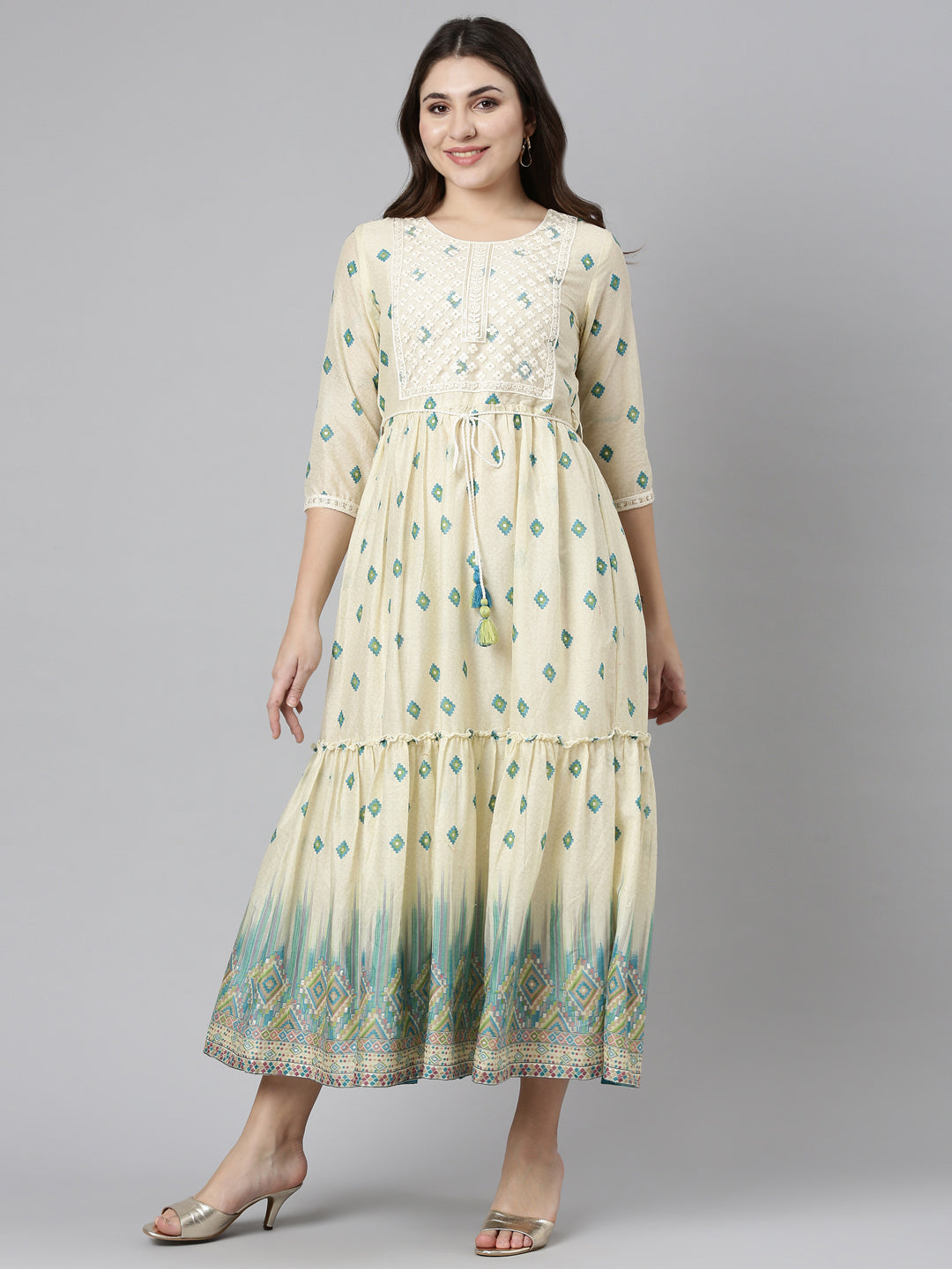 Neeru's Green Straight Casual Printed Dress