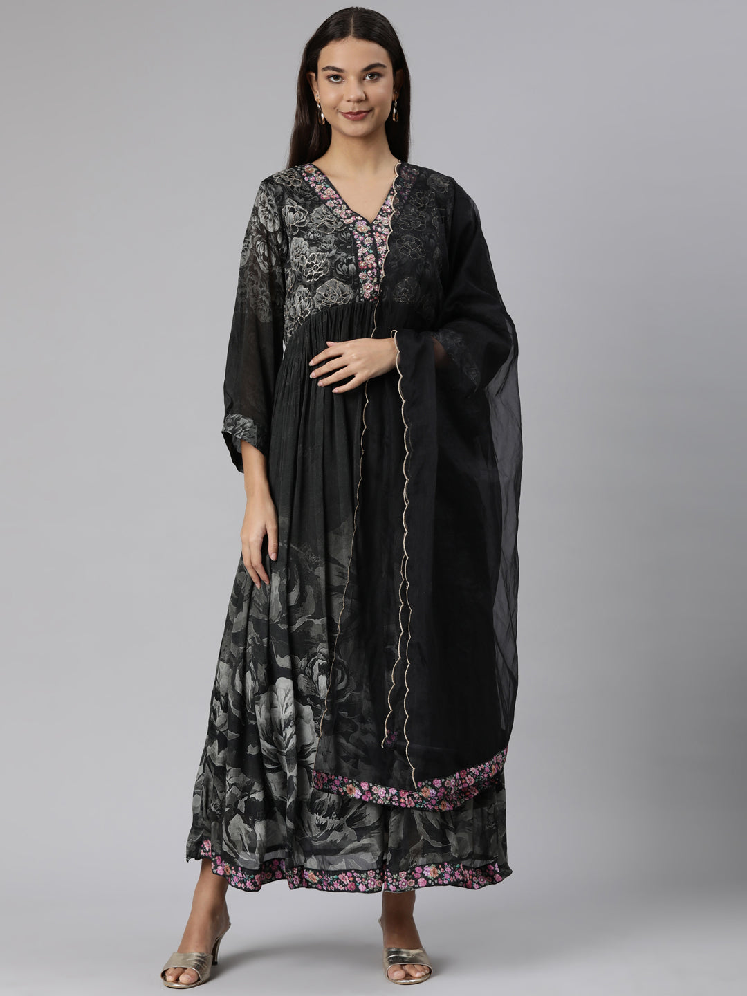 Neeru's Grey Regular Straight Floral Kurta And Trousers With Dupatta